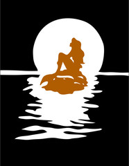 Gold Girl mermaid silhouette with a tail on a rock in black sea.