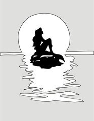 Girl mermaid silhouette with a tail on a rock in grey sea.
