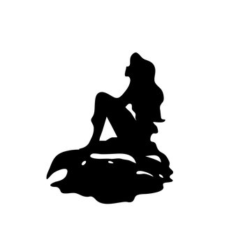 Girl mermaid silhouette with a tail on a rock isolated.