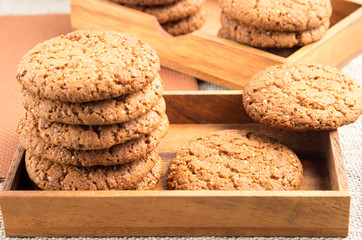 Close-up view on oat biscuits in wooden boxes
