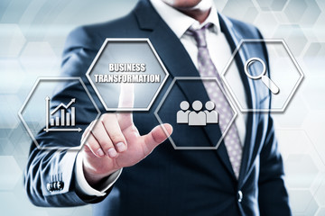 Business, technology, internet concept on hexagons and transparent honeycomb background. Businessman  pressing button on touch screen interface and select  business transformation