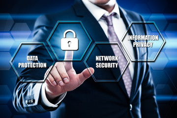 Business, technology, internet concept on hexagons and transparent honeycomb background. Businessman pressing button on touch screen interface and select cyber security