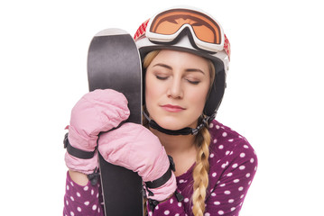 Attractive girl skier on white background.