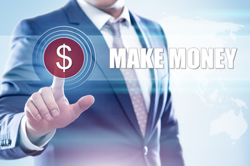 Businessman  pressing button on touch screen interface and select  make money