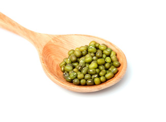 Raw mung bean in a wooden spoon.
