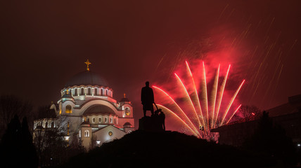 Belgrade, Serbia, Europe - January 14, 2017: Orthodox New years eve celebration with fireworks over the Church of Saint Sava at midnight in Belgrade, Serbia on January 14, 2017