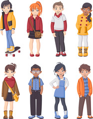Group of cartoon fashion children. Teenager.
