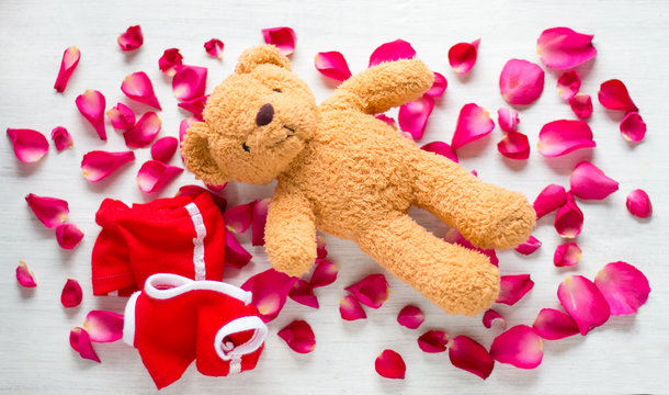 Funny picture of teddy bear naked on roses. Valentine background.