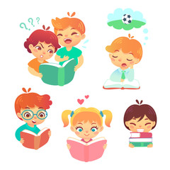 Set of cartoon kids with books in vector. Illustration of children having interest in reading on white background. Pupils studying diligently.