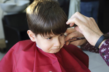 haircut of small boy in barbershop