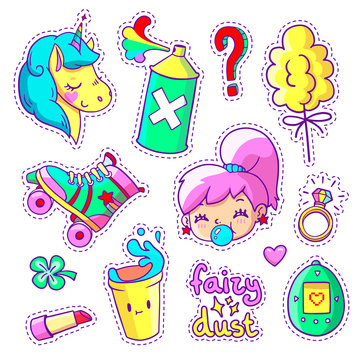 Cool stickers set in 80s-90s pop art comic style. Patch badges and pins with cartoon characters, food and things. Vector crazy doodles with unicorn, teenage girl, roller skate etc.