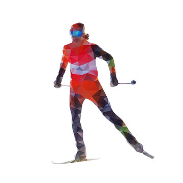 Cross country skiing, woman on skis, abtract polygonal vector si