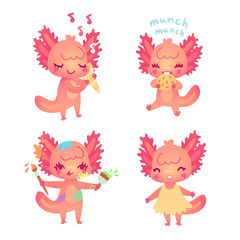 Set of cartoon axolotls for kids in vector. Girly stickers with cute animal characters in different situations isolated on white.