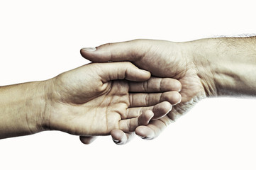 Fototapeta premium Male hand holds the female palm on toned background. That could mean help, guardianship, protection, love, care etc. This color image isolated for easy transfer in your design.