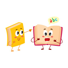 Two funny book characters running happily together, cartoon vector illustration isolated on white background. pink and yellow books hurrying, smiling, running together, school, education concept