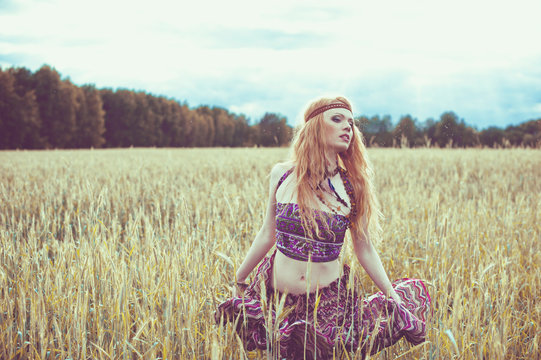 Hippie blone girl cheerful, peaceful and free. Summer time