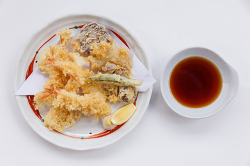 Shrimp and Vegetable (Sweet Potato, Scallion and Daikon) Tempura Served with Tentsuyu, Mince Daikon and Lemon.