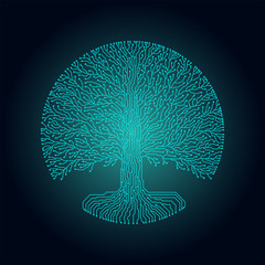 Hi-tech circuit style round yggdrasil tree. Cyberpunk futuristic design.