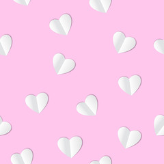 Pink background with paper hearts. Vector.