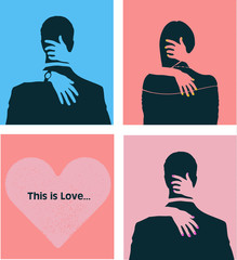 Homosexuality and heterosexuality. Silhouettes of hugging people. Flat vector illustration.