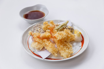 Shrimp and Vegetable (Sweet Potato, Scallion and Daikon) Tempura Served with Tentsuyu, Mince Daikon and Lemon.