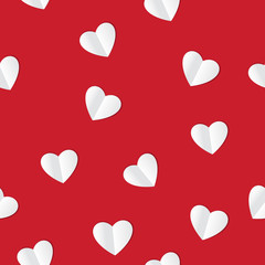 White paper hearts on red background. Seamless pattern. Vector illustration.