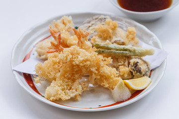 Shrimp and Vegetable (Sweet Potato, Scallion and Daikon) Tempura Served with Tentsuyu, Mince Daikon and Lemon.