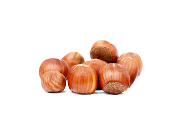 Group fresh hazelnuts isolated on white background