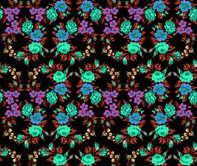 Wallpapers or textile. Color circle  bouquet of flowers (roses, chamomile and cornflowers) on the black background using Ukrainian embroidery elements. Seamless. Turquoise,brown,pink tones. Pixel-art.