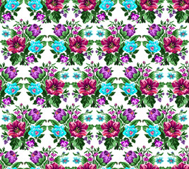 Color bouquet of wildflowers (lilia, bellflower, barberry flower and cornflowers)  using traditional Ukrainian embroidery elements.Pink, violet, blue, green tones. Pixel-art. Seamless pattern.