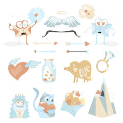 Valentines Day cartoon icon set with Cupids stuff, love envelope