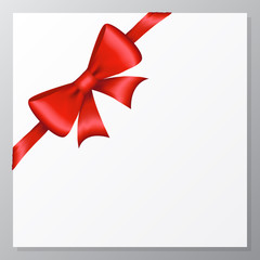 Red bow and ribbon on white paper background with copyspace. Vector.