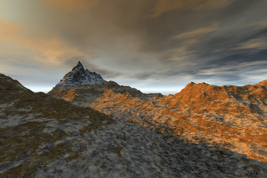 Mountain, a rocky landscape, snowy peak and a cloudy sky.