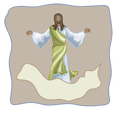 Christian graphic design man , in a white tunic and a golden cloak, on a brown background