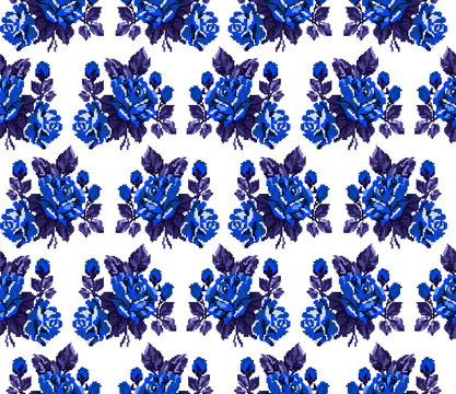 Seamless. Pattern. Color bouquet of flowers roses  using traditional Ukrainian embroidery elements. Can be used as pixel-art, card, emblem, icon. Blue tones.