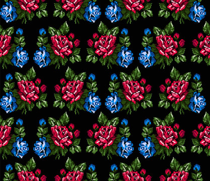 Seamless. Pattern. Color bouquet of flowers roses  using traditional Ukrainian embroidery elements. Can be used as pixel-art, card, emblem, icon. Red, green and blue tones.