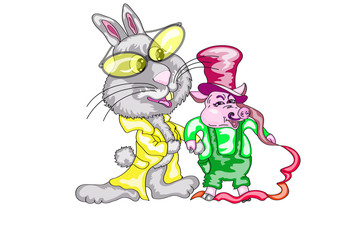 graphic design , friends,  gray rabbit in the yellow glasses and a raincoat and a pig in a red hat