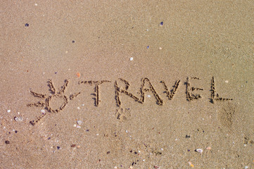 Fototapeta premium Handwritten inscription on sea sand, close up view