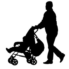 Naklejka premium Black silhouettes father with pram on white background. Vector illustration