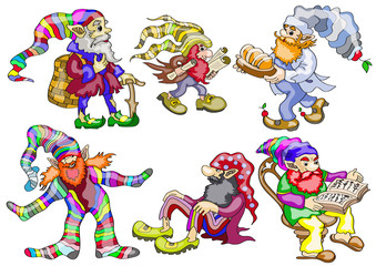Fototapeta premium colorful set of six dwarfs, sitting, reading, carries paper , with a basket, a chef, with sock on his head