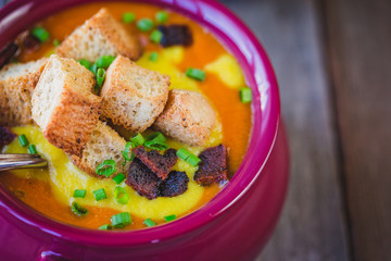 Vegan Lentil Soup with Seitan and Croutons