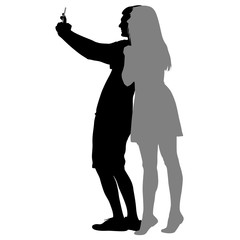 Silhouettes man and woman taking selfie with smartphone on white background. Vector illustration