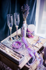 Bride's morning. Wedding accessories in lavender violet colors.