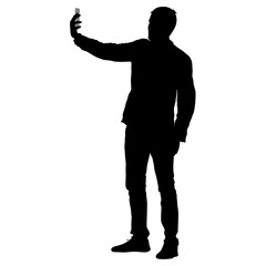 Silhouettes man taking selfie with smartphone on white background. Vector illustration