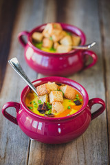 Vegan Lentil Soup with Seitan and Croutons