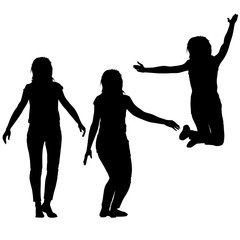 Silhouette of three young girls jumping with hands up, motion. Vector illustration