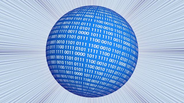 Binary code sphere rotating over light rays background