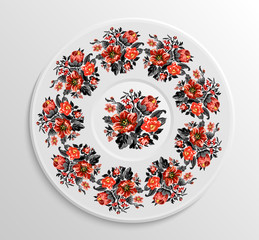 Table appointments in restaurant. Decorative plate with round ethnic ornament. Ukrainian style. Vintage floral pattern.  Red and black tones.