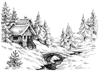 Fototapeta na wymiar Mountain cabin in the woods near river. Idyllic landscape