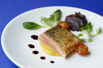 Fish fillet on a plate with tomatoes and lettuce